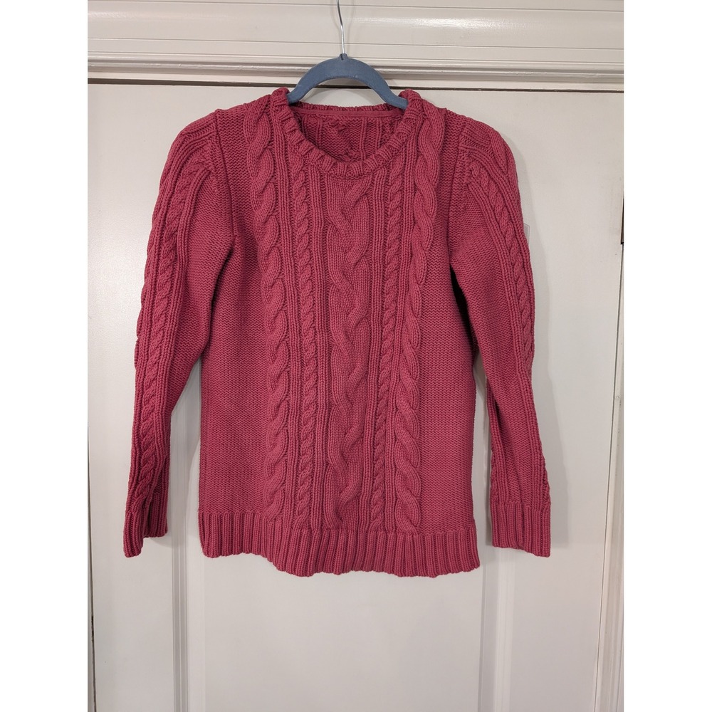 LL Bean Women Cable Knit Crew Neck Sweater 100% Cotton Pink XS fisherman